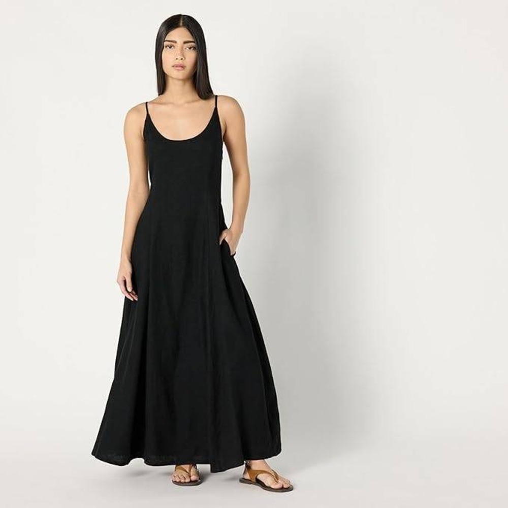 The‎ Drop Luna Linen | Scoop Neck |  Maxi Dress Black XXL  Smocked Back Pockets - Picture 5 of 9